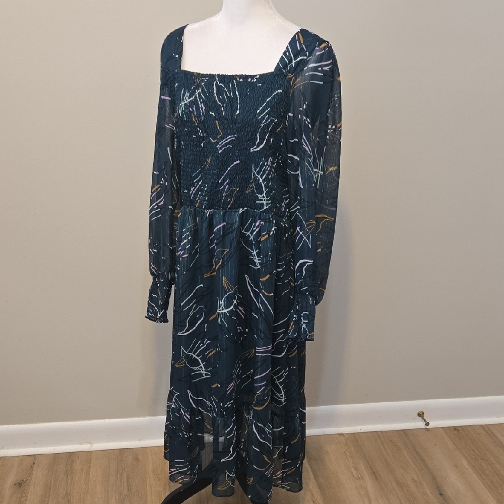 Nine West Dark Teal Patterned Long Sleeve Dress